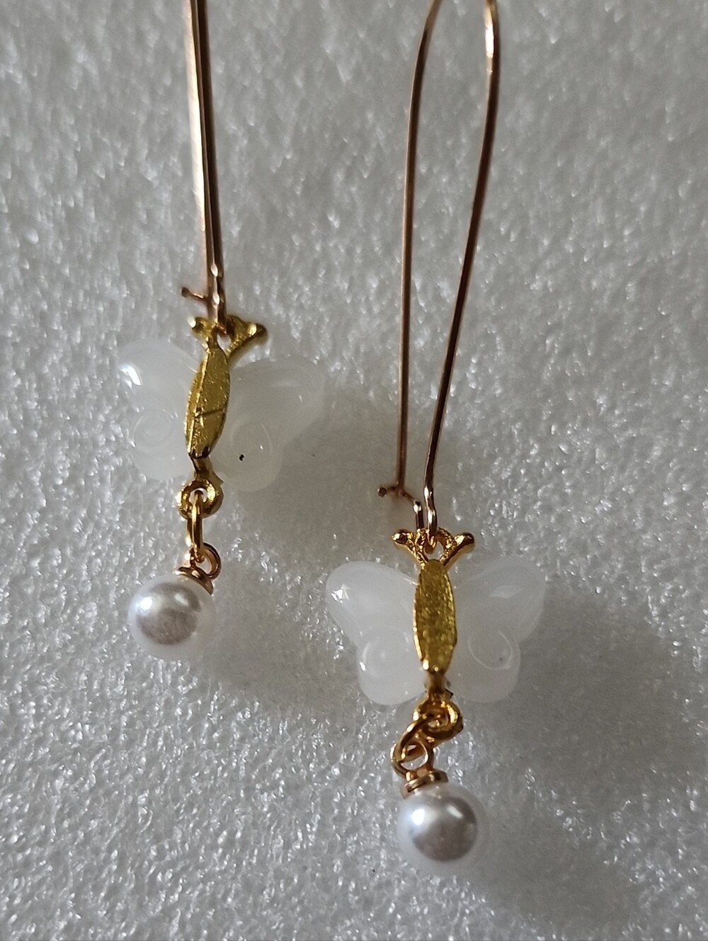 Hand Crafted Gold and White Butterfly Pearl Drop Earrings